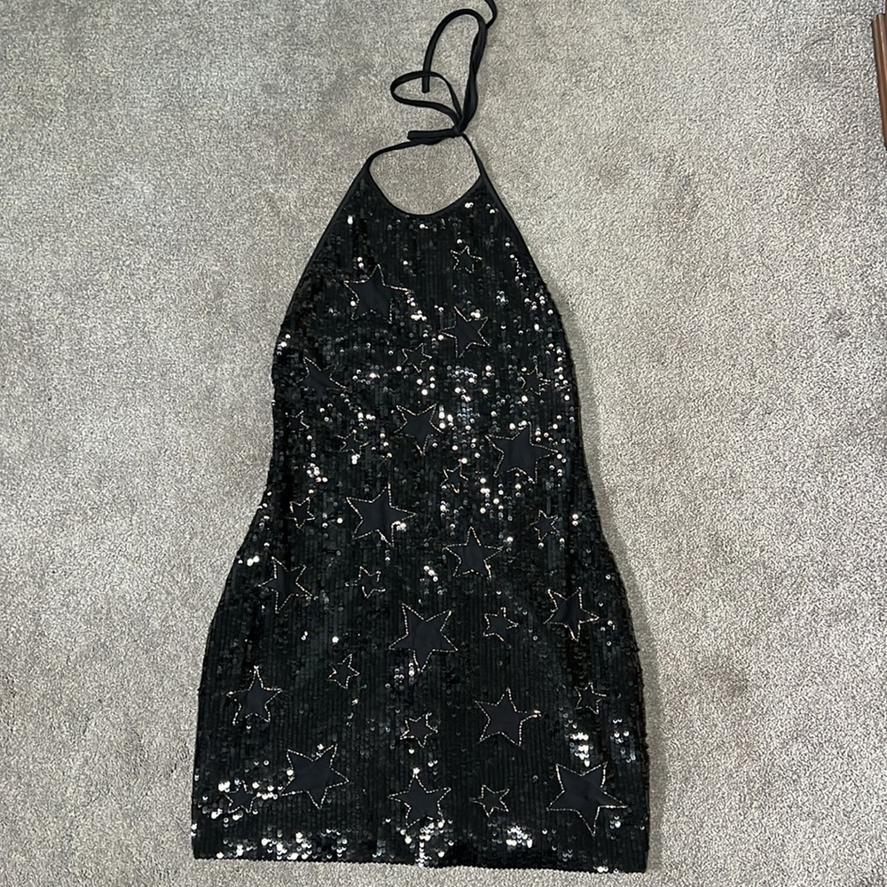 h:ours Women’s Black Sequin Star Embellished Halter Mini Party Concert Dress XL